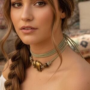 Handmade/upcycled brass elephant and sage suede choker necklace